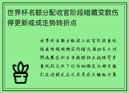 世界杯名额分配收官阶段暗藏变数伤停更新或成走势转折点