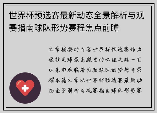 世界杯预选赛最新动态全景解析与观赛指南球队形势赛程焦点前瞻