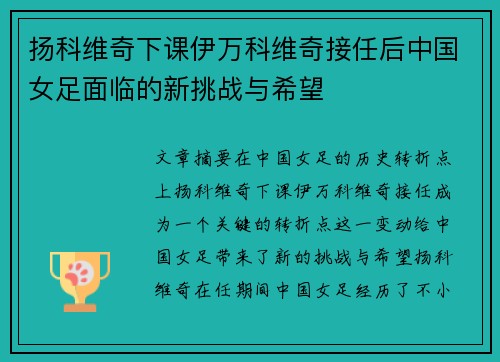 扬科维奇下课伊万科维奇接任后中国女足面临的新挑战与希望